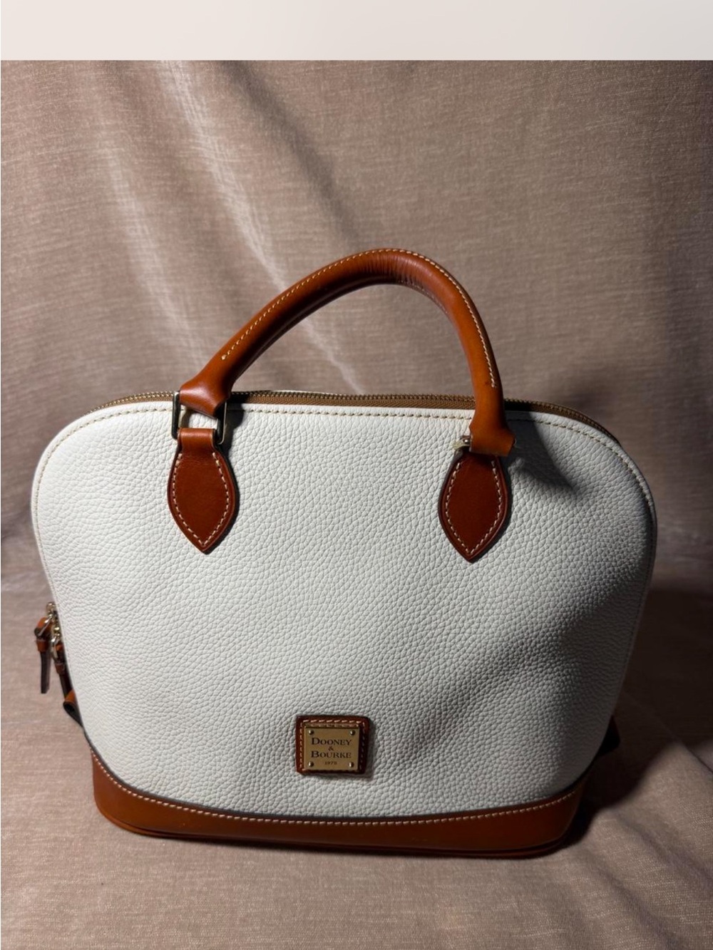 Dooney & Bourke White Pebbled Leather Satchel with Brown Trim